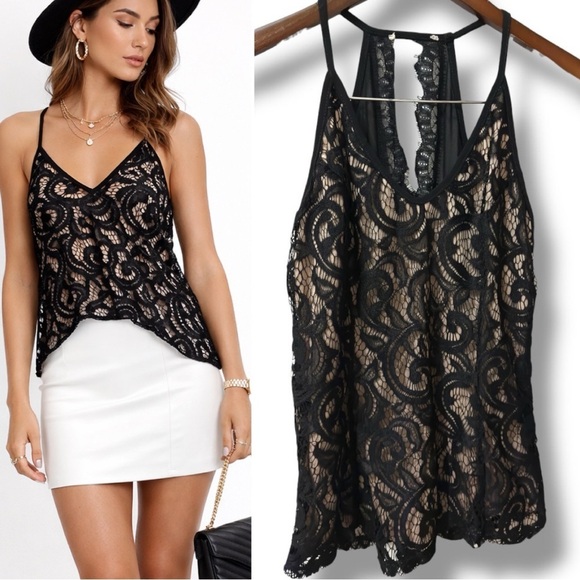 Tops - NWOT USA Cotton Black Sheer Floral Lace VNeck Camisole Racerback Tank Top (sz S)